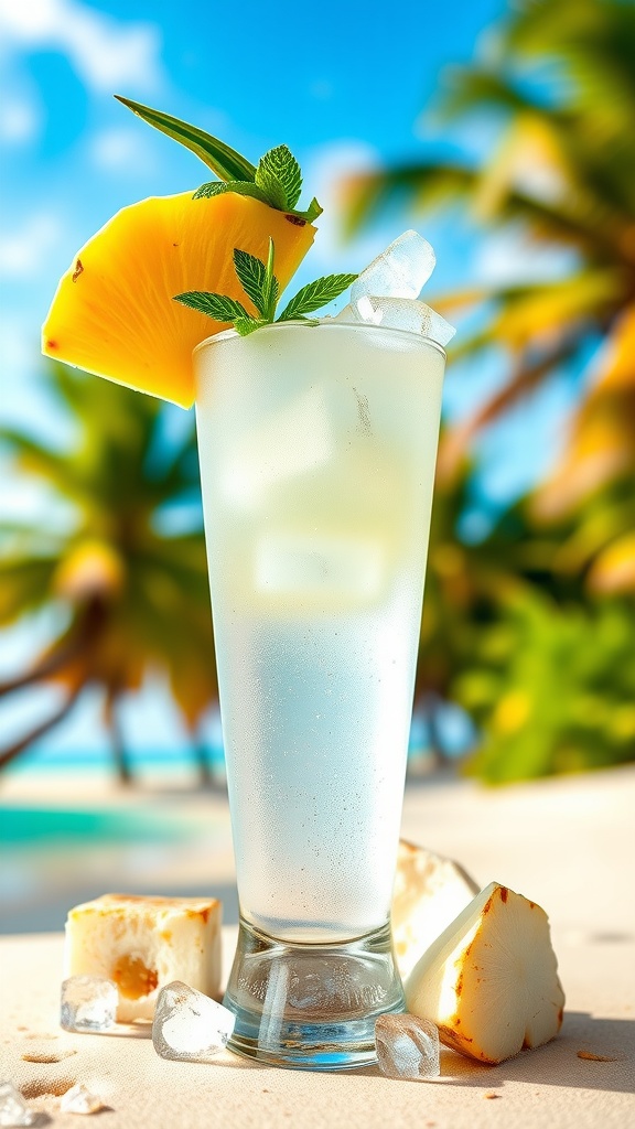 A refreshing Rum and Coconut Water drink served in a tall glass, garnished with mint and pineapple, with a beach backdrop.