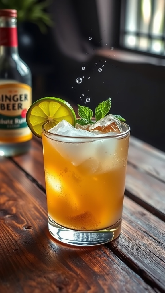 A refreshing Rum and Ginger Beer Fizz cocktail with ice, lime, and mint garnish.