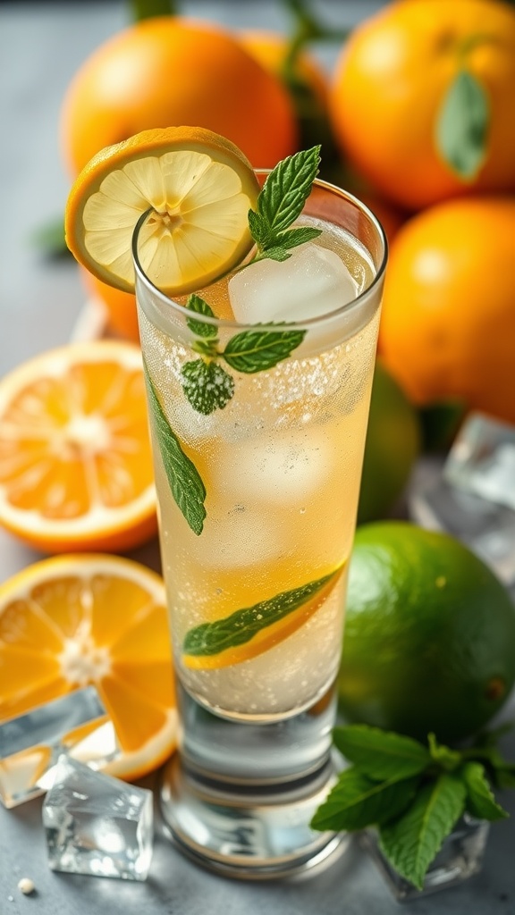 A glass of Rum And Lime Sparkler drink garnished with mint and lime, with fresh oranges in the background.