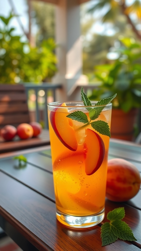 A refreshing glass of Rum and Peach Iced Tea garnished with mint and peach slices, placed on a wooden table outdoors.