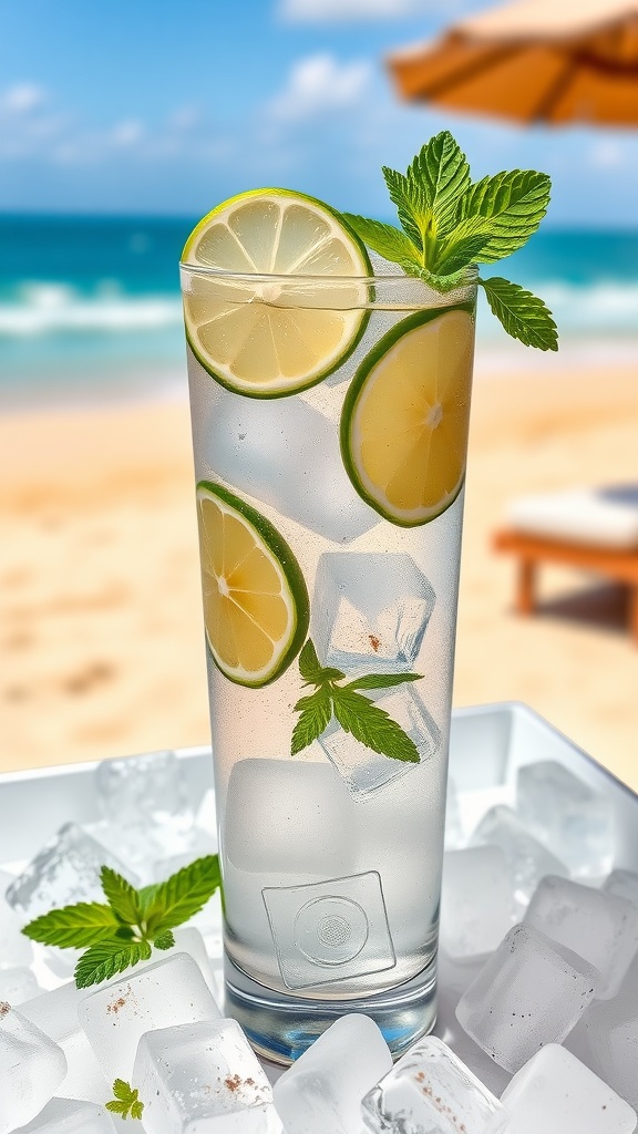 A refreshing Rum and Tonic drink with lime and mint, set against a beach backdrop.