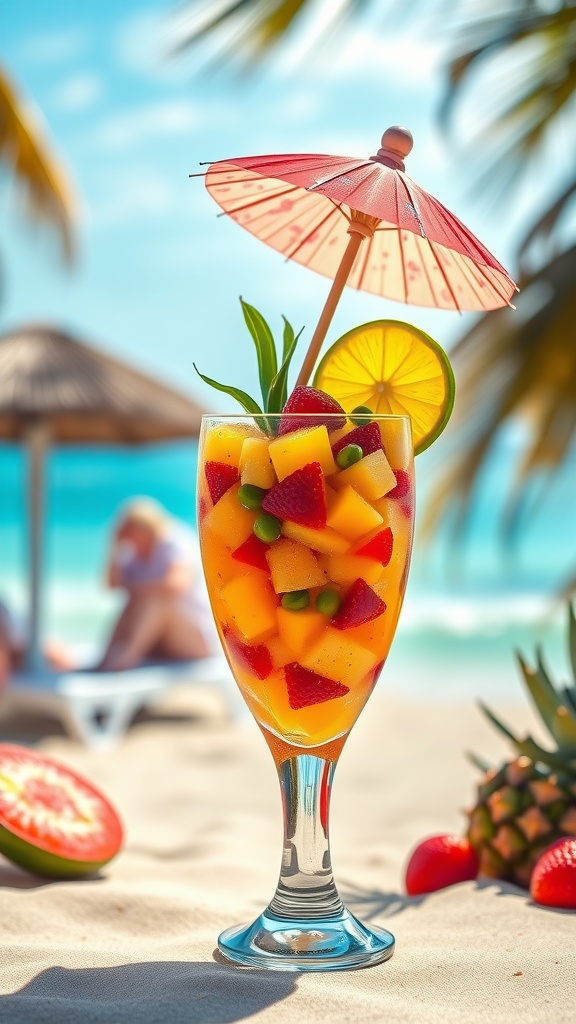 A colorful rum fruit salad cocktail garnished with a red umbrella and lemon slice, set against a beach background.