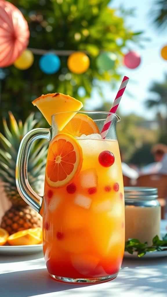 A vibrant pitcher of rum punch with ice and fruit garnishes, set in a sunny outdoor setting.