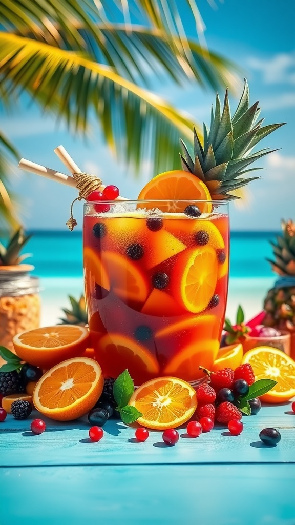 A refreshing rum punch with fresh fruits garnished with pineapple and oranges, set against a tropical backdrop.