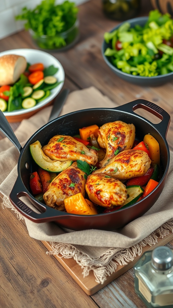 A rustic chicken and vegetable casserole featuring roasted chicken, colorful vegetables, and a cozy presentation.