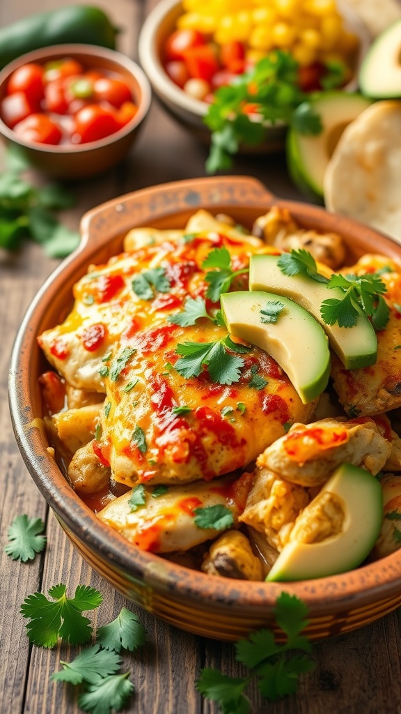 A delicious Salsa Verde Chicken Casserole with melted cheese, garnished with cilantro and avocado slices.