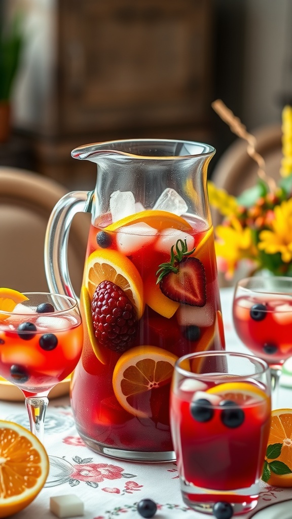 A vibrant pitcher of sangria with assorted fruits and colorful drinks
