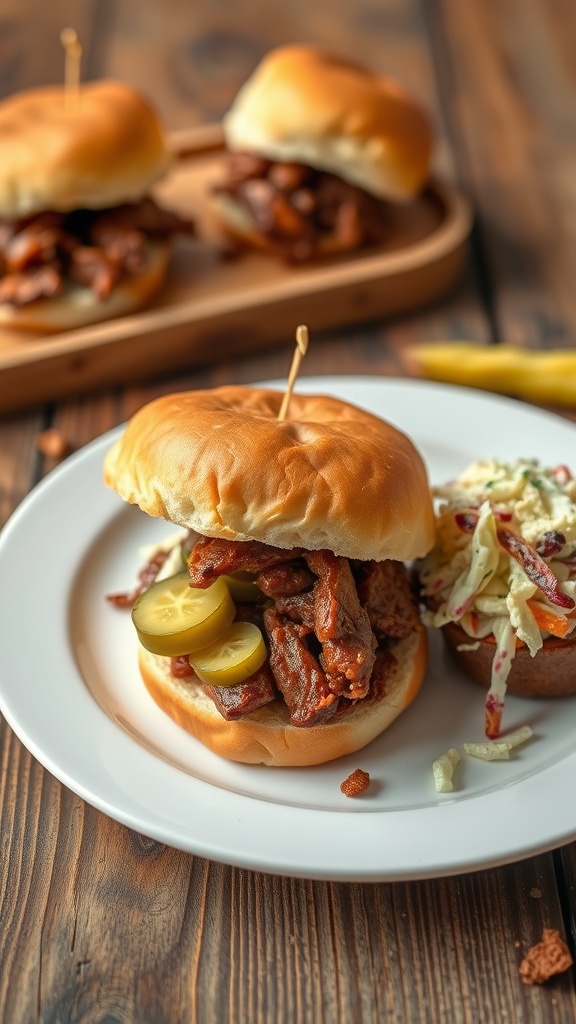 Savory BBQ chopped beef sliders with pickles on a plate, served with coleslaw.