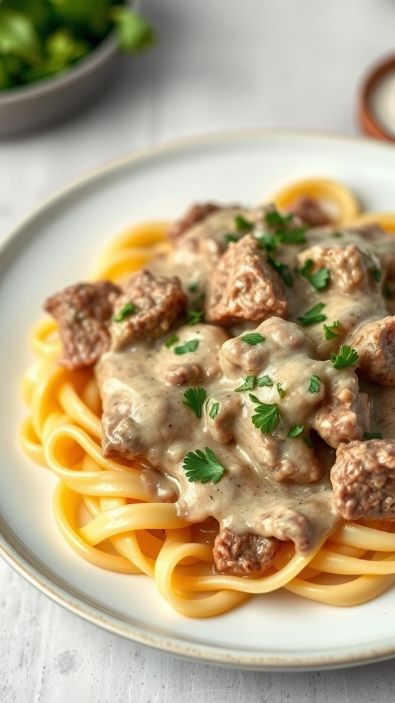A plate of beef stroganoff served over pasta, garnished with parsley.