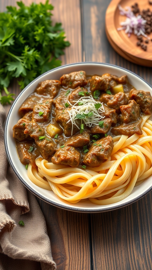 A bowl of beef stroganoff with egg noodles, garnished with green herbs, on a wooden table.