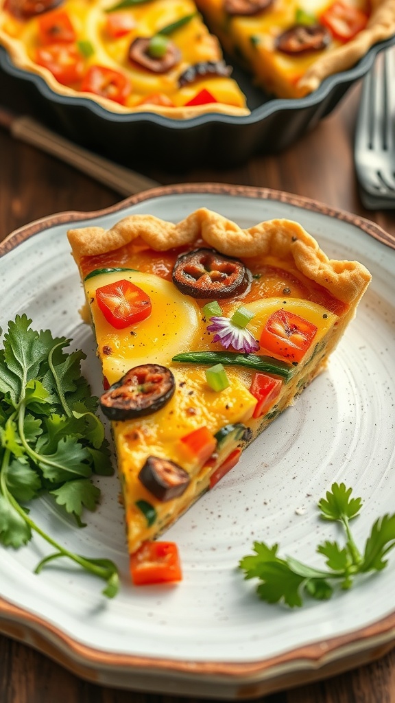 A slice of savory breakfast quiche with diced vegetables and a flaky crust, served on a plate with fresh cilantro.