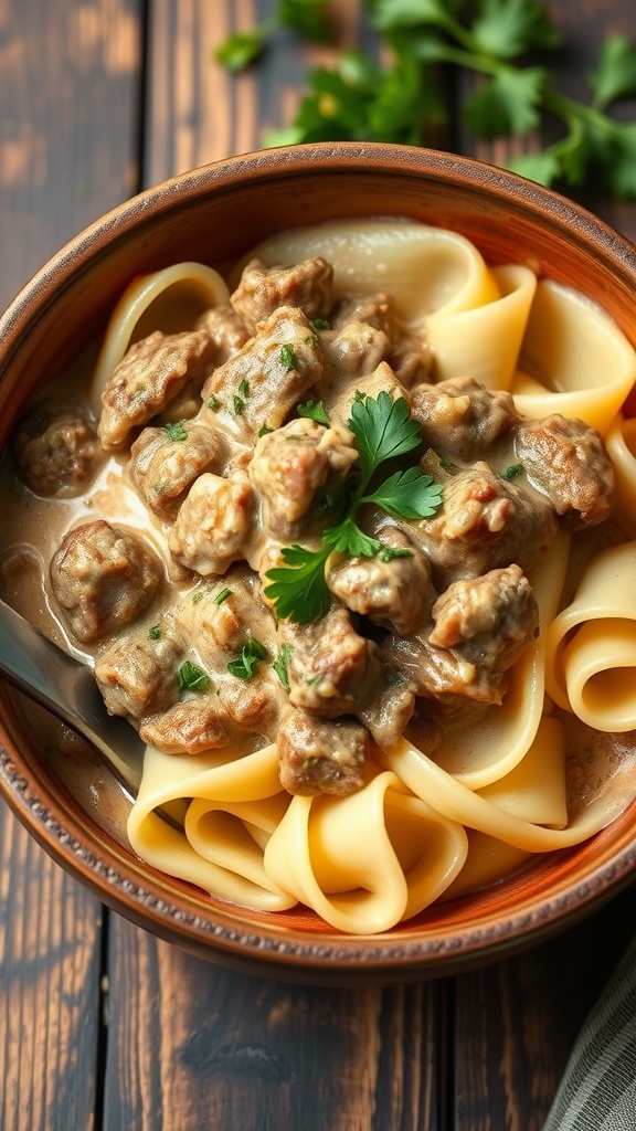 Bowl of chopped beef stroganoff served over egg noodles with parsley garnish