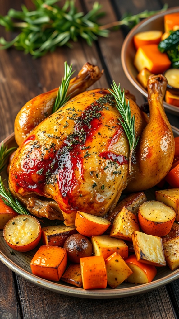 A roasted chicken garnished with herbs, served with colorful roasted vegetables.