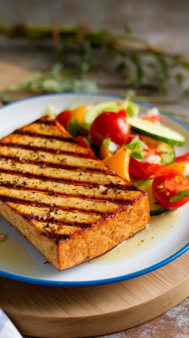 Grilled tofu steaks on a plate with salad and lime wedges