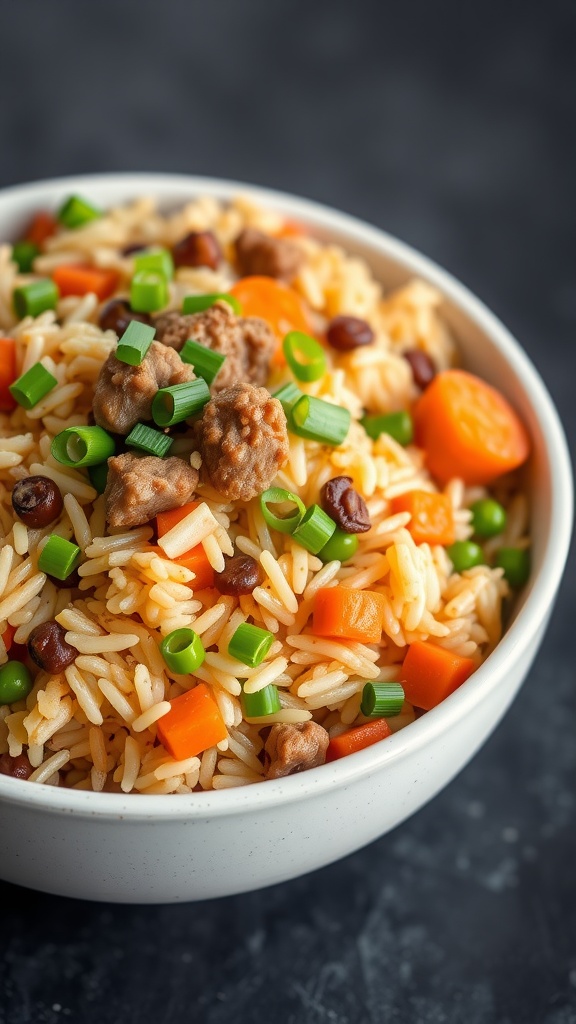 A bowl of savory pork fried rice with carrots, green onions, and peas.