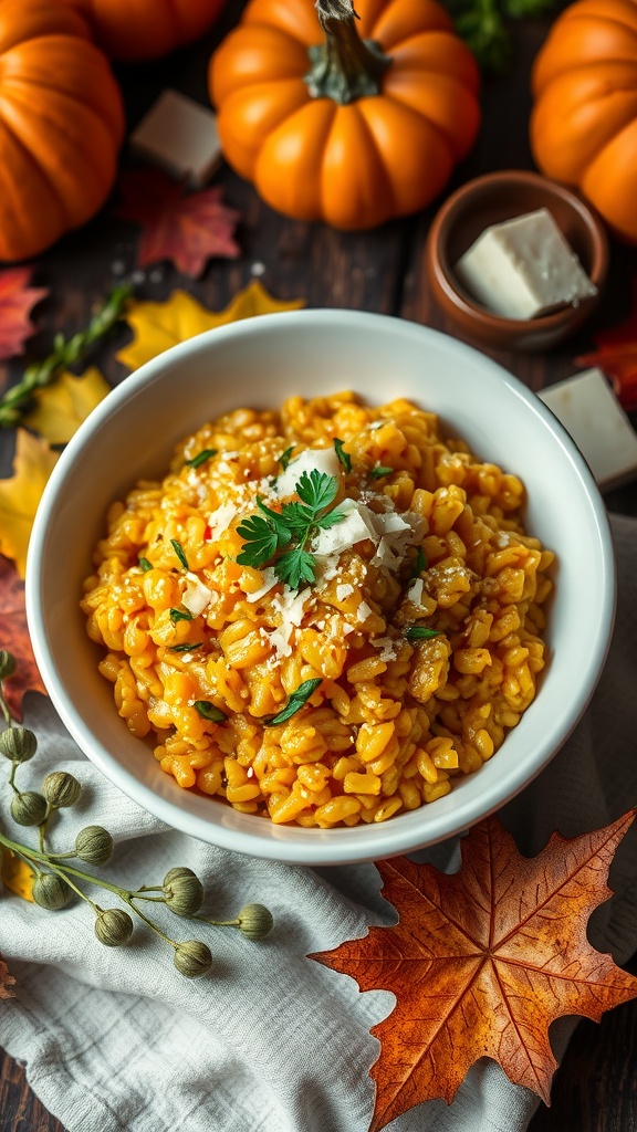 A bowl of savory pumpkin risotto topped with parsley and Parmesan cheese, surrounded by seasonal autumn decorations like pumpkins and colorful leaves.