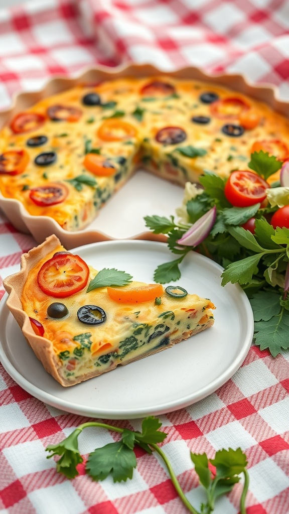 A savory quiche with fresh herbs, tomatoes, and olives, served on a checkered picnic blanket.
