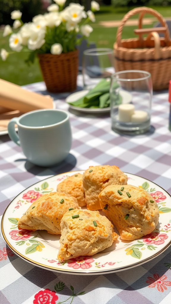 A plate of savory scones topped with chives on a picnic table.