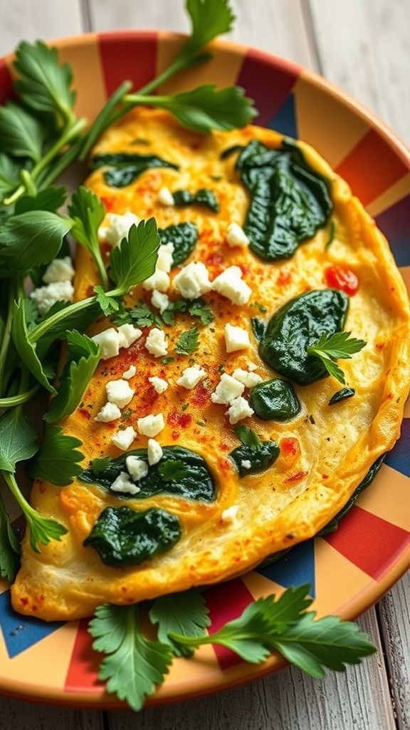 A colorful plate featuring a savory spinach and feta omelette garnished with fresh parsley.