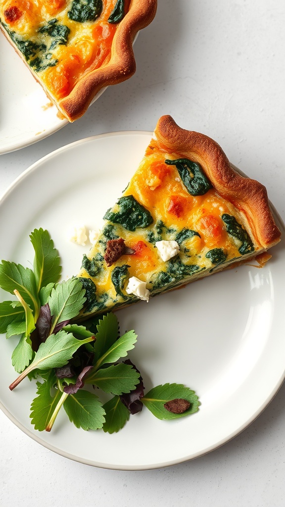 A slice of spinach and feta quiche on a white plate, garnished with fresh greens.