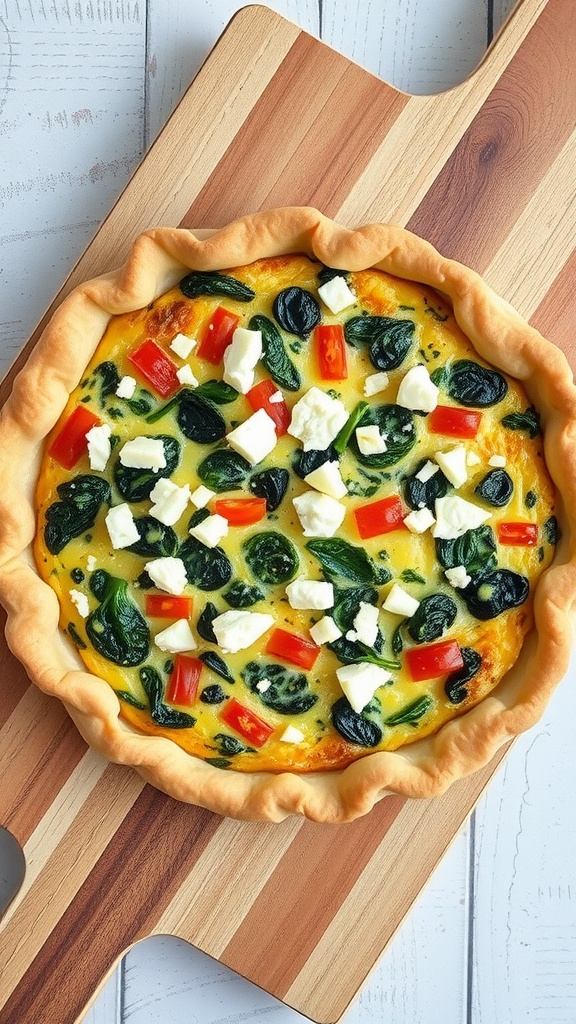 A savory spinach and feta quiche displayed on a wooden cutting board, featuring a golden crust, fresh spinach, red peppers, and feta cheese.