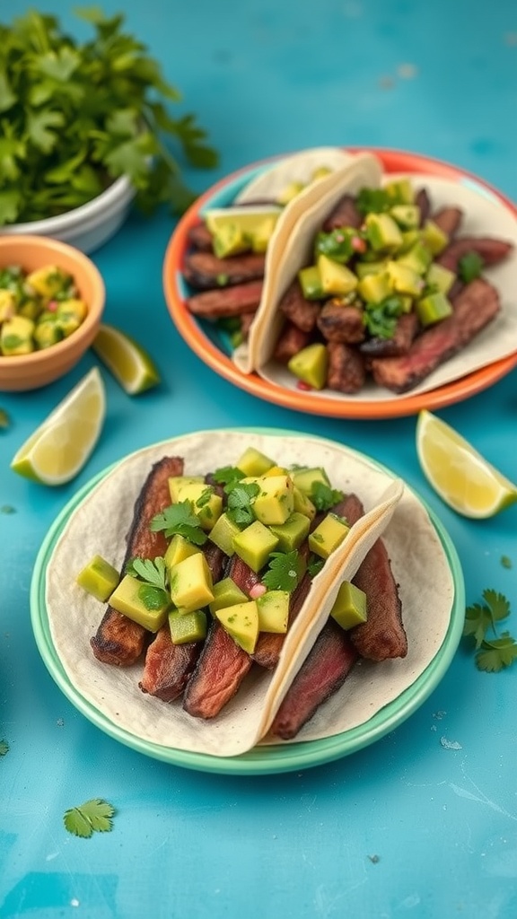 Plates of steak tacos with avocado salsa, surrounded by fresh cilantro and lime.