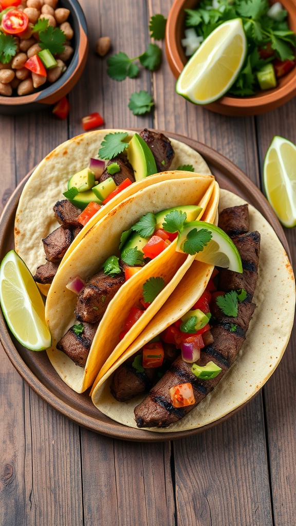Three steak tacos filled with grilled beef, avocado salsa, and fresh toppings on a wooden table, with lime and sides of beans and salad.
