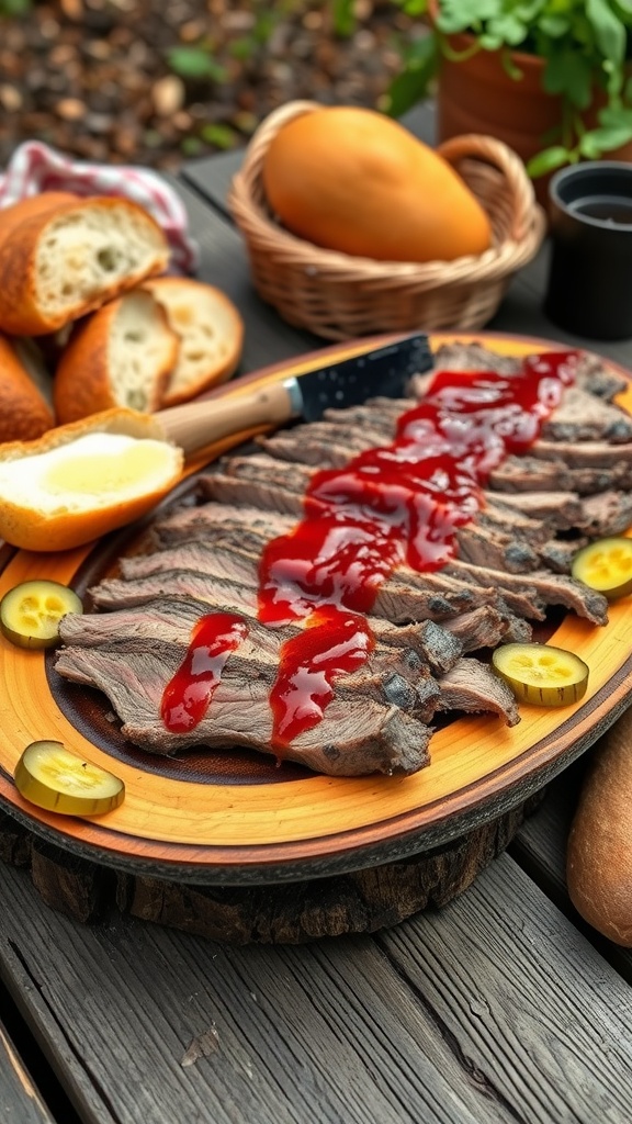 A wooden platter with sliced brisket drizzled with BBQ sauce, served with pickles and fresh bread rolls.