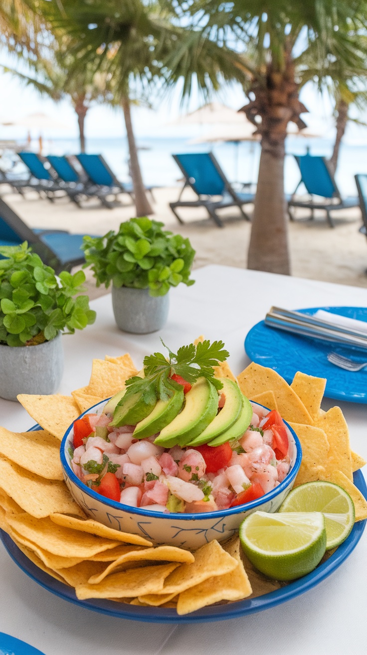 Bowl of seafood ceviche with tortilla chips on a sandy beach
