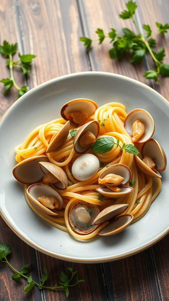 Plate of seafood pasta with clams garnished with parsley.