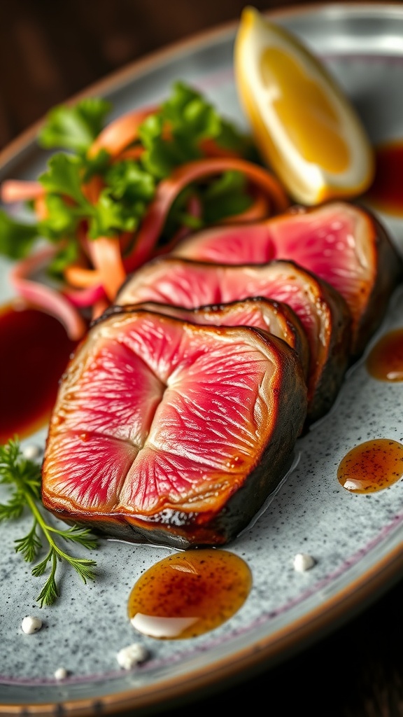 Two seared Ahi tuna steaks with sesame seeds, garnished with green onions, served with soy sauce on an elegant table.