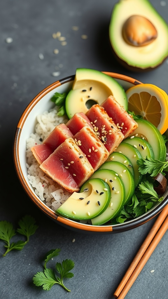 A bowl of Seared Ahi Tuna Poke Bowl with rice, avocado, cucumbers, and garnished with lemon and cilantro.