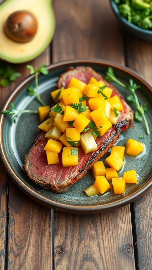 Seared tuna on a plate topped with mango salsa, with an avocado in the background.