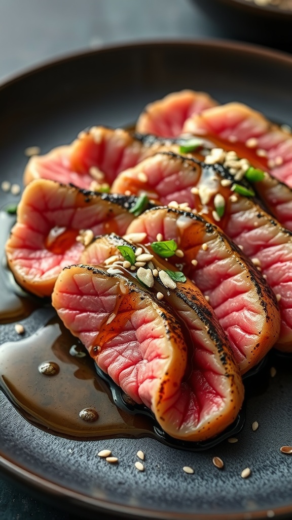 Sliced seared tuna arranged on a plate with ginger soy dressing, garnished with sesame seeds and green onions.