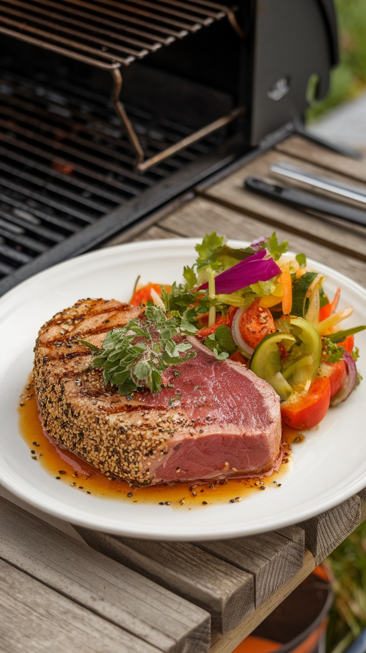 Sliced sesame-crusted tuna on a white plate with a side salad.