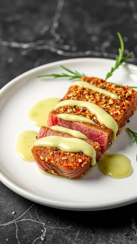 Plate of sesame crusted tuna slices topped with wasabi cream on a dark background.