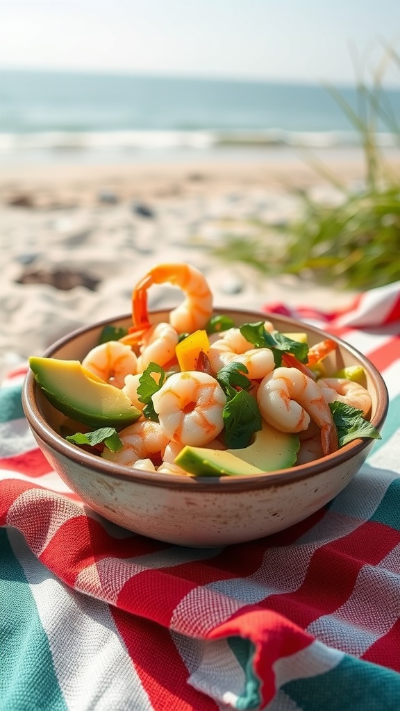 A bowl of shrimp and avocado salad on a beach blanket with the ocean in the background.