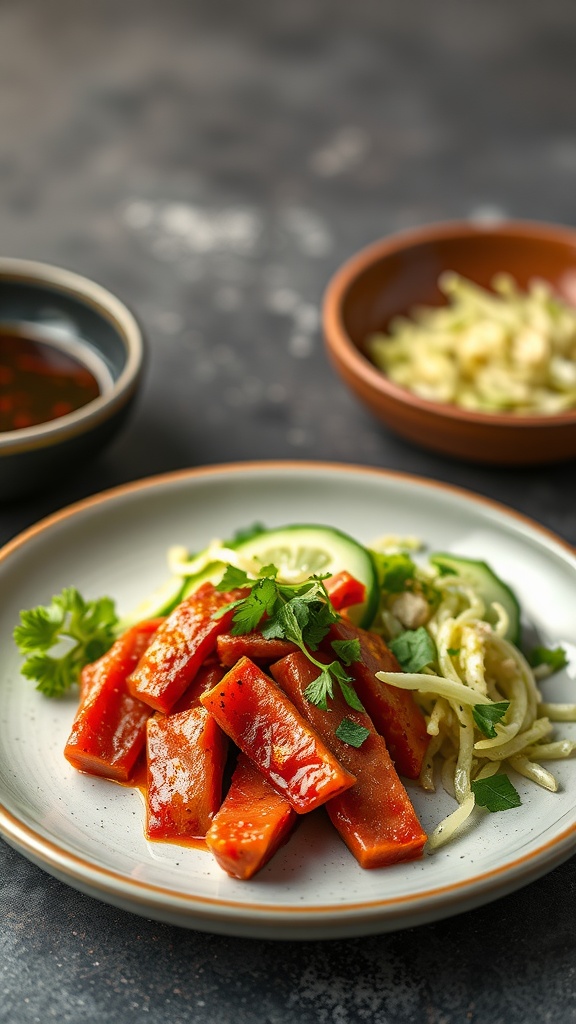 A plate of Sichuan pepper tuna slices accompanied by cucumber slaw and garnished with fresh herbs.