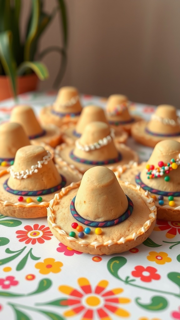 Colorful cookies shaped like sombreros decorated with icing and candy
