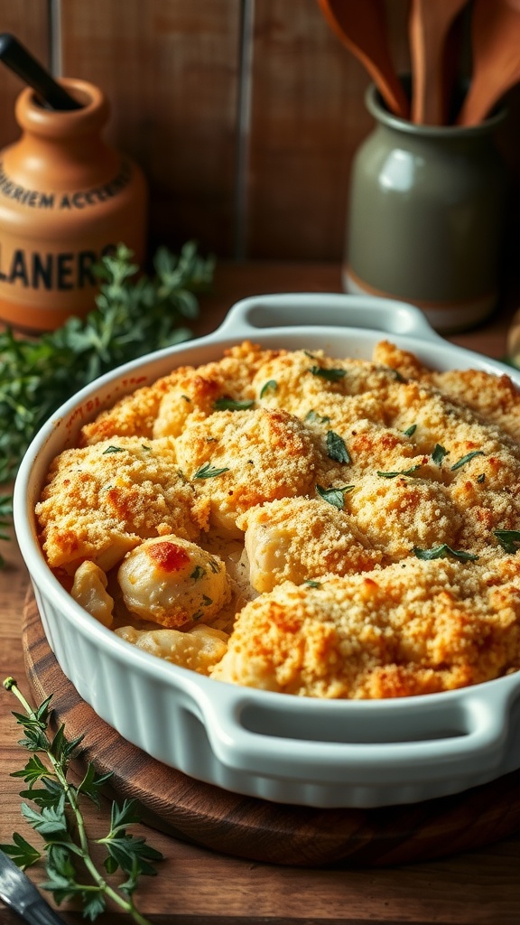 A delicious chicken casserole bake topped with crispy golden crumbs and herbs, sitting in a white dish.