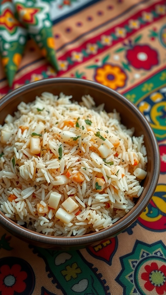 A bowl of rice pilaf with vegetables, placed on a colorful patterned tablecloth.