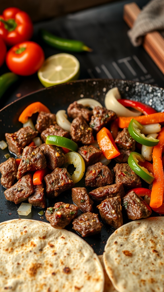 Sizzling beef fajitas with colorful vegetables and tortillas
