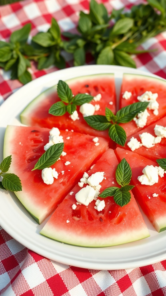 Sliced watermelon topped with feta cheese and mint leaves on a white plate, set on a red and white checkered tablecloth.