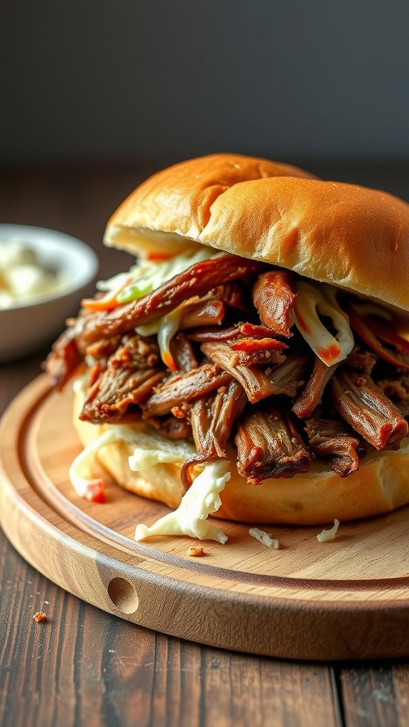 A delicious slow-roasted pulled pork sandwich with shredded pork and coleslaw on a soft bun