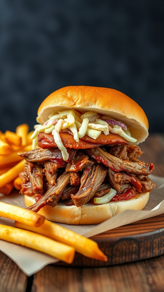 A delicious slow-roasted pulled pork sandwich with coleslaw and fries on the side.