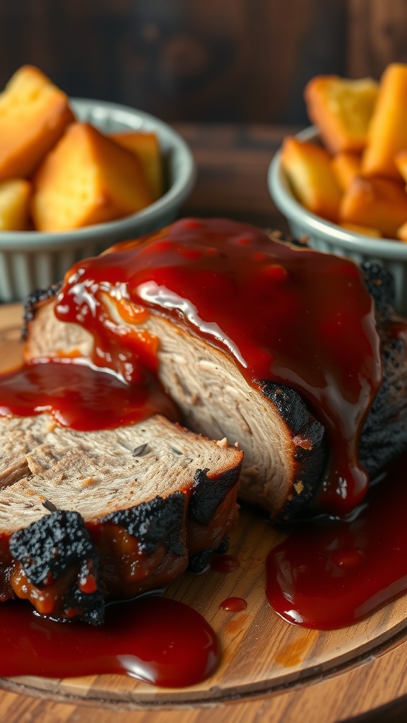 Smoked pork shoulder topped with BBQ sauce, served with sides.