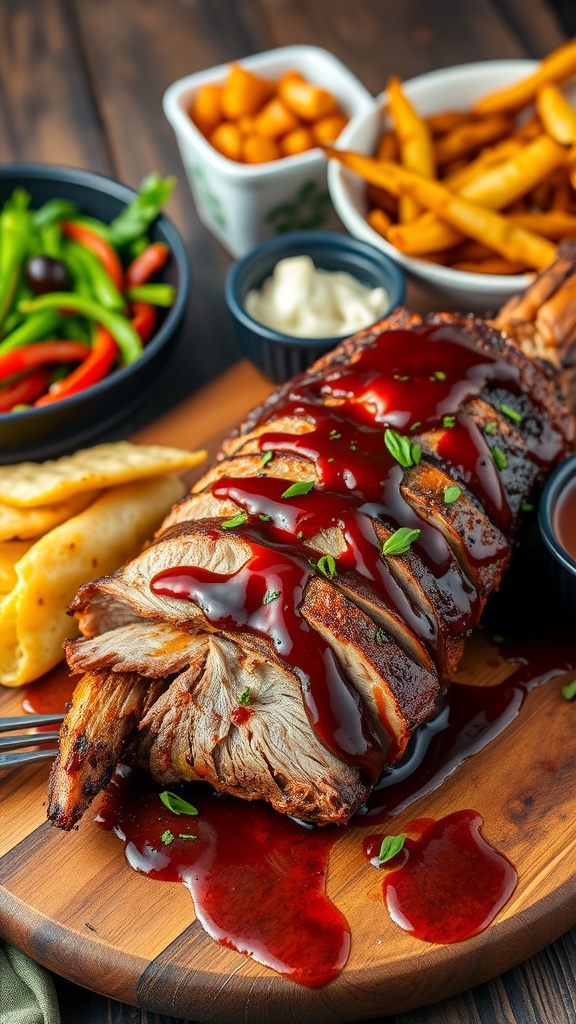A smoked pork shoulder drizzled with BBQ sauce on a wooden platter, surrounded by side dishes of fries and vegetables.