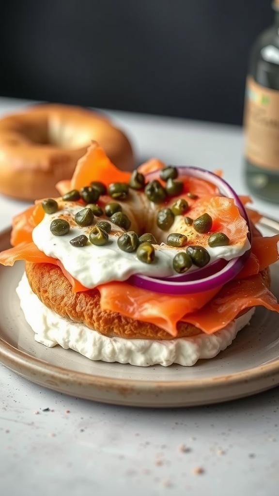 A toasted bagel topped with cream cheese, smoked salmon, red onions, and capers, served on a plate.