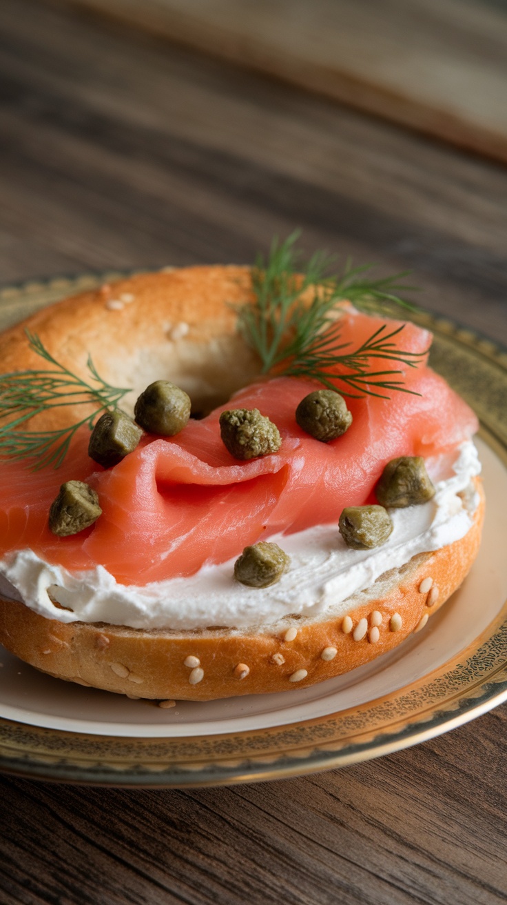 A toasted bagel topped with cream cheese, smoked salmon, and fresh herbs on a plate.