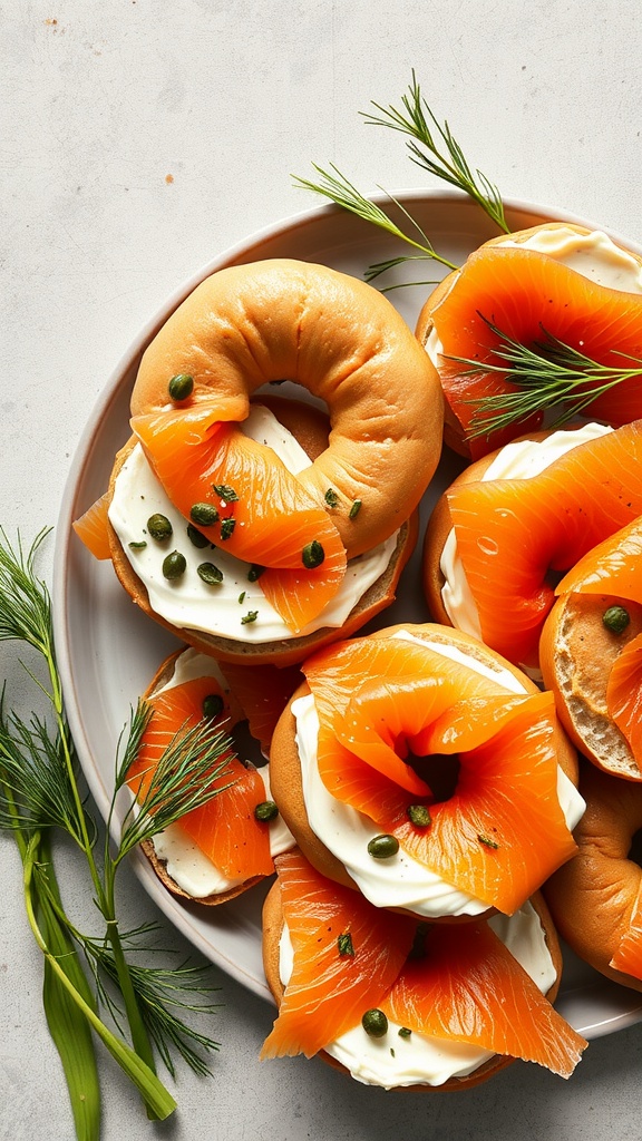 A plate of smoked salmon bagels topped with dill and capers